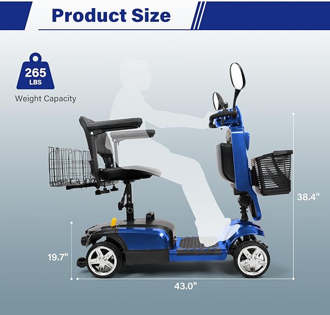 Wooken Powered Mobility Scooter, 4-Wheel Mobility Scooter for Adults, Seniors,264 lbs All Terrain Foldable Powered Mobility Scooter, Electric Powered Wheelchair Heavy Duty Mobility for Travel