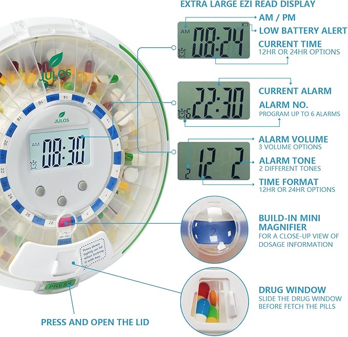 28-Day Automatic Pill Dispenser for Elderly - Medication Reminder with Loud Alarm & Flashing Light, Key Lock, Up to 6 Alart/Day, Timed Pill Dispenser Machine for Vitamins/Prescriptions/More