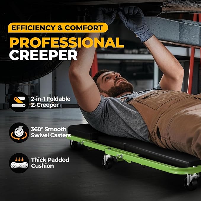 Auto Dynasty 36" Z-Creeper Seat, 2-in-1 Foldable Garage Creeper Shop Seat, 330 LBS Capacity Automotive Mechanic Repair Under Car Rolling Creeper Seat, Green