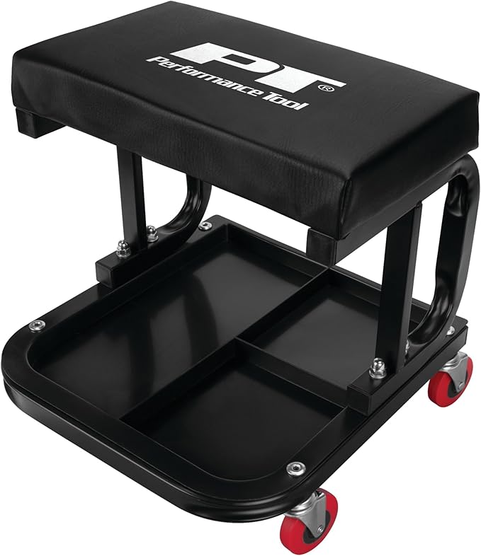 Performance Tool W85007 C-Frame Creeper Rolling Work Seat with Tool Tray for Mechanic Garages and Workshops, Black, 11.5 x 12.5-inch Tray
