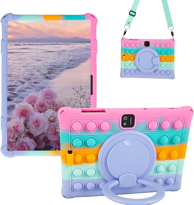 Silicone Tablet Case 360 Rotating Kickstand/Handle and Shoulder Strap Stylus Pen Soft Cover Compatible with JJGJ/QDDQ/AWOW TB02 10.1" Rainbow