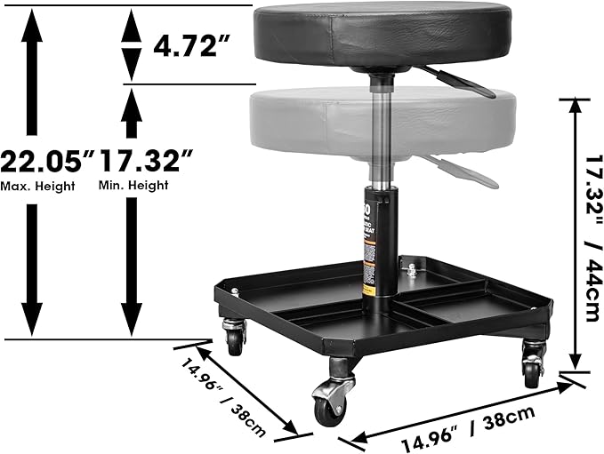 Torin ATR6350B Rolling Pneumatic Creeper Garage/Shop Seat: Padded Adjustable Mechanic Stool with Tool Tray Storage, Black