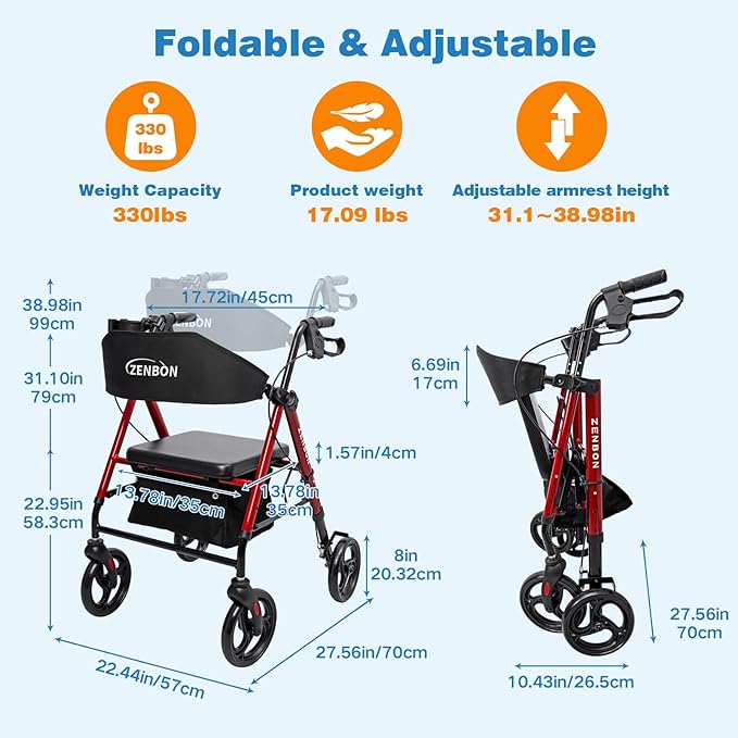 Rollator Walker for Seniors/Adults Foldable Rolling Walker with Seat 265 lbs Capacity 4 Big 8 inch Wheels Hand Grips Adjustable Height Lightweight Iron Aluminum Walker (Red)