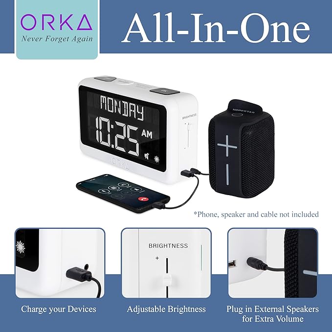 ORKA Talking Clock Voice Recordable Medication Reminder Dementia Alarm Clock for Seniors White