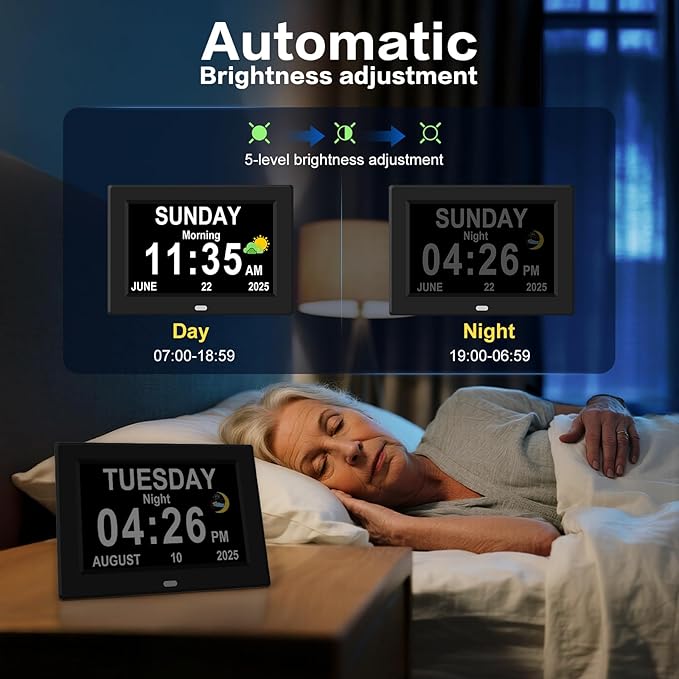 11'' Large Display Digital Alarm Clock for Seniors Date Day of Week Digital Calendar for Elderly Electric Digital Clocks 12 Alarms 4 Colors Desk Clocks Alzheimers Dementia Clock Auto DST/Dimmer