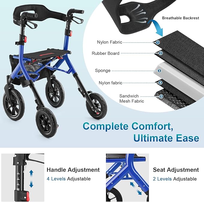 MAXWALK Rollator Walker with Seat, Tall Walkers for Seniors, 12" Big Rubber Wheels All Terrain Rollator Walker with Backrest, Built-in Cable, Foldable and Dual Adjustable Height for 5.3-7ft, Blue