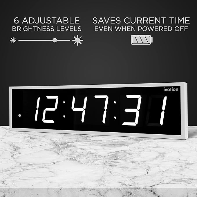 Ivation Oversized Large Digital Wall Clock - Big LED Digital Clock w/Large Display & Durable Aluminum Frame Shelf or Wall Mount (36 Inch - White) 6 Brightness Levels | Time Memory | Remote