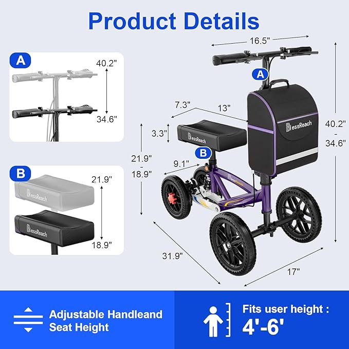BlessReach All Terrain Foldable Knee Scooter Walker, Disc Brake Knee Walker for Foot Injuries, Compact Crutches Alternative (Purple)