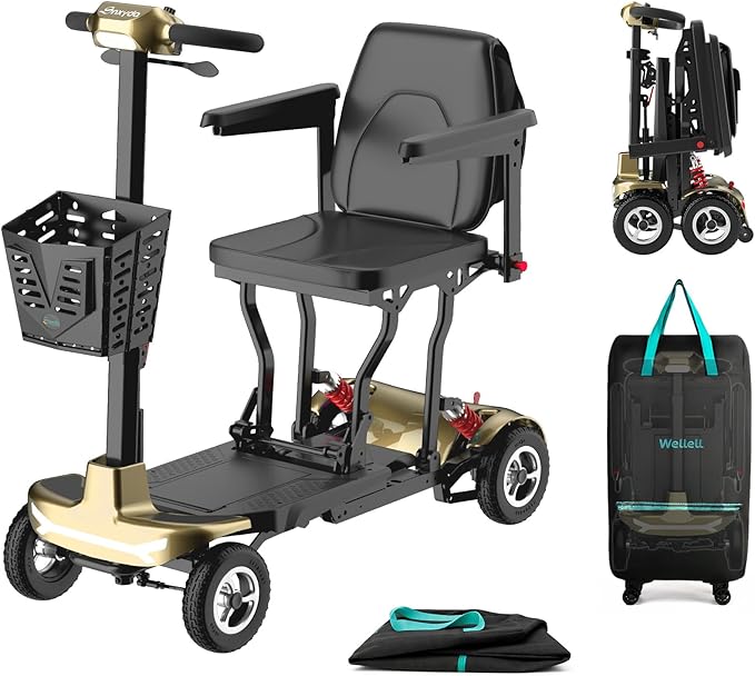Mobility Scooter for Adults, Seniors - 37.5 lbs Ultra Lightweight Folding Mobility Scooters for Seniors Airport Approved, All Terrain 4 Wheel Motorized Scooter with Storage Bag for Travel, Gold