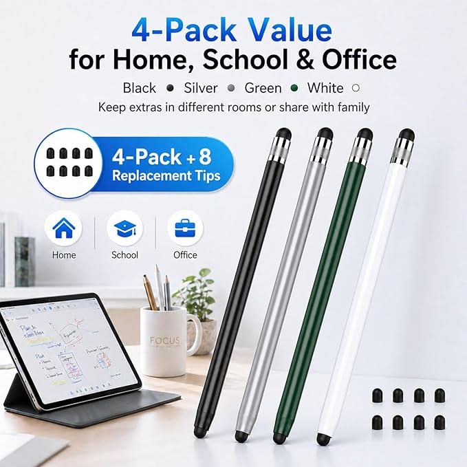 HATOKU 4 Packs Stylus Pen for iPad & Touchscreen Devices, Dual Tip Rubber Styluses, No Bluetooth/No Charging, High Sensitivity Capacitive Magnetic Pencil for iPad iPhone Android Tablets