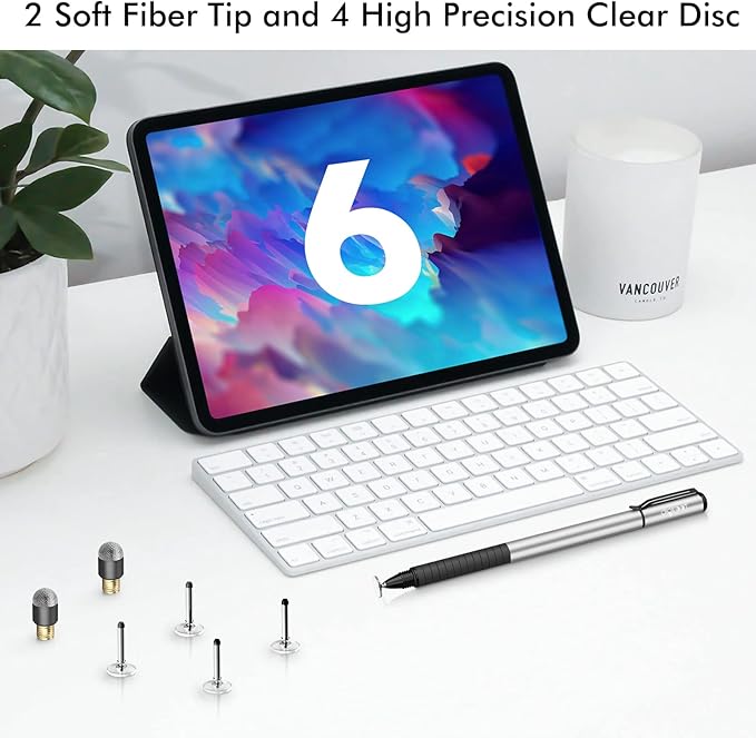 Digiroot Universal Stylus,[2-in-1] Disc Stylus Pens for All Touch Screens Cell Phones, iPad, Tablets, Laptops with 6 Replacement Tips(4 Discs, 2 Fiber Tips Included) - (Silver)