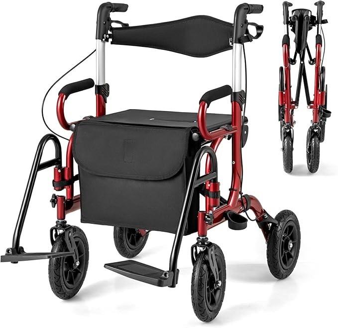 Goplus Walkers for Seniors with Seat, 2 in 1 Folding Rolling Rollator Walker & Wheelchair Combo with Brakes, 9" Pneumatic Tires for All Terrain, Aluminum Adult Mobility Walking Aid