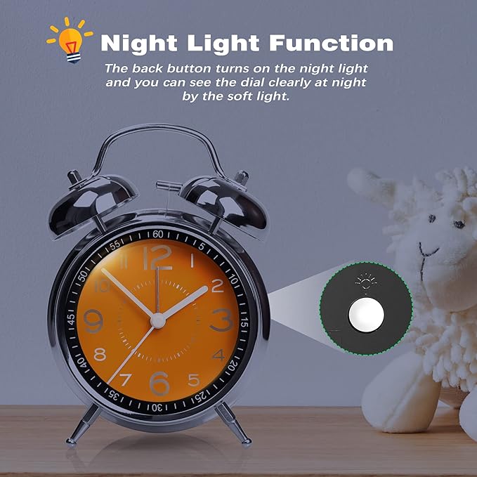 AYRELY® Super Loud Alarm Clock for Heavy Sleepers Adults,Twin Bell Retro 4 Inch Silent Non-Ticking Quartz with Backlight, Metal dial, Alarm Clocks for Bedrooms Bedside (Orange)