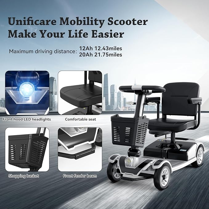 Movcan S-01 4 Wheel Electric Mobility Scooter for Adults & Seniors, 419 LB Heavy Duty,22 Miles Rang &4MPH,Foldable Travel Scooter with Basket,360° Swivel Seat,Electromagnetic Brake&Turn Signal Lights