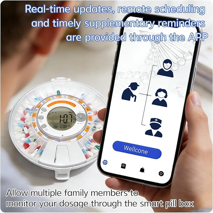 Wi-Fi Automatic Pill Dispenser 28-Day Medication Assistant for Seniors & Caregivers with Remote App Monitoring, Alarms, Sound Light Reminders, Tracks Adherence History, Clear LCD Display, Key Lock