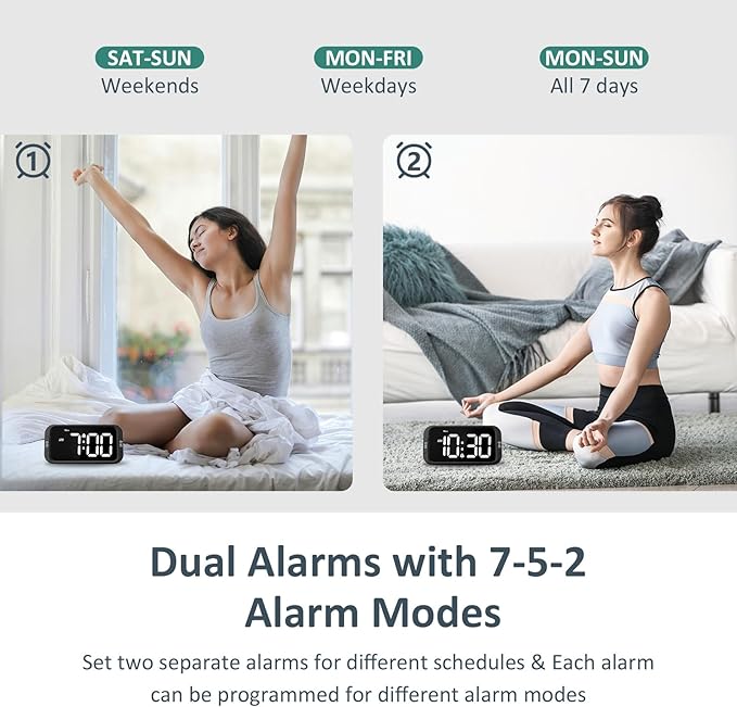 Odokee Digital Dual Alarm Clock for Bedroom, Easy to Set, 0-100% Dimmer, USB Charger, 5 Sounds Adjustable Volume, Weekday/Weekend Mode, Snooze, 12/24Hr, Battery Backup, Compact Clock for Bedside