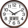 TIMESS Wall Clock, Classic Wood Style Finish, 16 Inch Non-Ticking Silent Battery Operated Quartz Analog with Perpetual Calendar and F° Temperature Display, Home, Office Décor (Wood Brown)