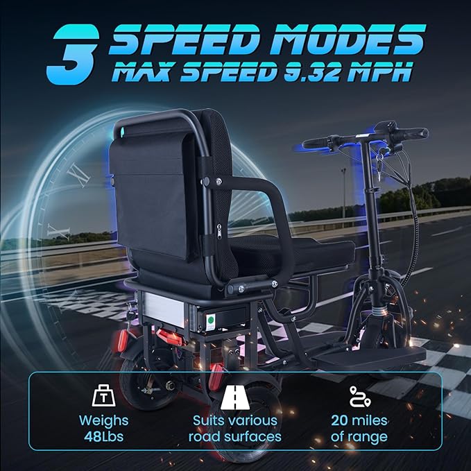 New Upgrade Folding Mobility Scooters for Adults, 9.32mph 25 Miles Driving Distance, 3 Wheel Ultra Lightweight Travel Portable Power Scooters for Seniors, One Click Automatic Cruise Control Functions