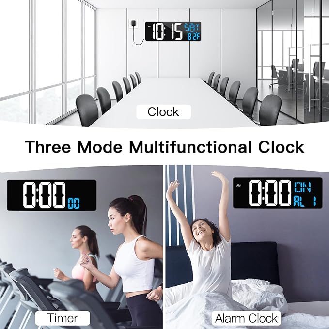 17 Inch Large Digital Wall Clock with Remote Control, Automatic Brightness Dimmer Digital Wall Clock Large Display with Day/Date/Temperature, Snooze, Count Up & Down Timer for Living Room, Office, Gym