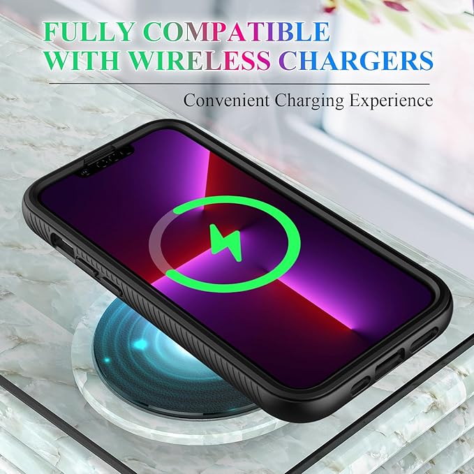 wahhle Compatible with iPhone 13 Pro Case, Built in Screen Protector Full Body Shockproof Slim Fit Bumper Protective Phone Cover 6.1'' Men Women-Black/Clear