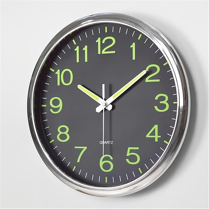 12 Inches Night Light Wall Clocks - with Silent Non-Ticking Glowing Function - Big Solid Numbers Easy to Read Both Day and Night (Black)