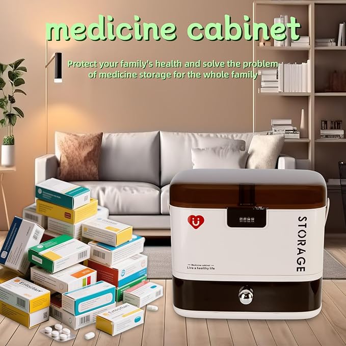 3 Tier Portable Medicine Storage Box with Lock and Drawer, Plastic Medical Case with Handle, Child Proof Safe, for Travel, Home, Bathroom to Organize Pills & Vitamins