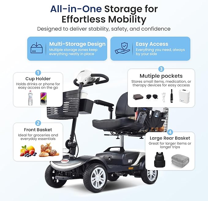 Metro Mobility 4 Wheel Electric Mobility Scooters for Adults - 300 lbs Capacity Folding Mobility Scooter for Seniors, Travel - Long Range Power Extended Battery & Easy Disassembly - White