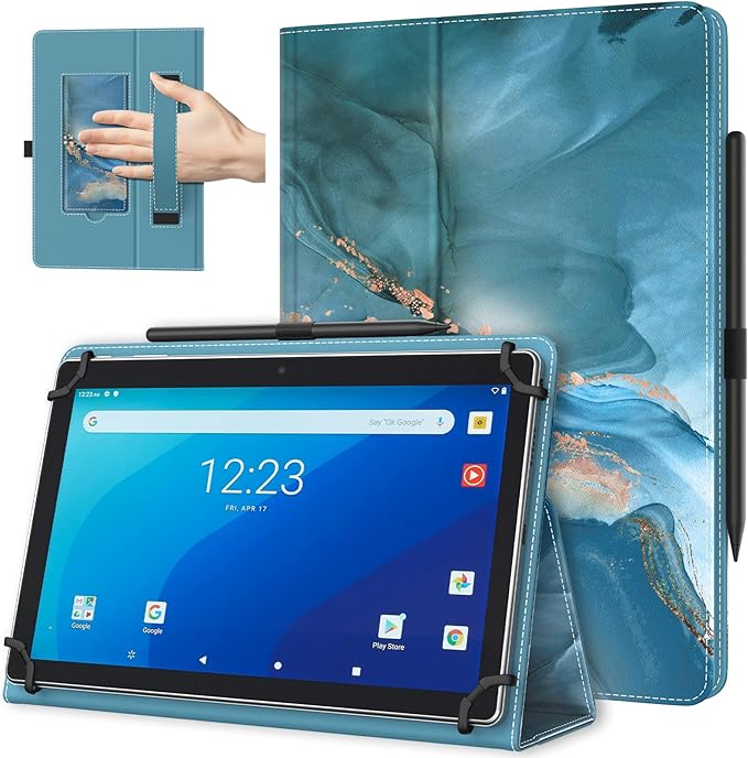 TiMOVO Universal Case for 10.1 Inch Android Tablet with Pen Loop, Lightweight Folding Stand Cover with Hand Strap for All 9.6"-11" Touchscreen Tablet, Cloud Peacock Blue