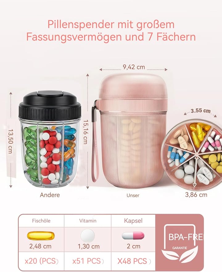 Large Sealed Pill Organizer with Desiccant, Light-Proof Moisture-Proof Pill Bottle with 7 Large Compartments, Anti-Mixing Touch-Free Pill Dispenser, BPA-Free Vitamin Organizer with Handle, Blue
