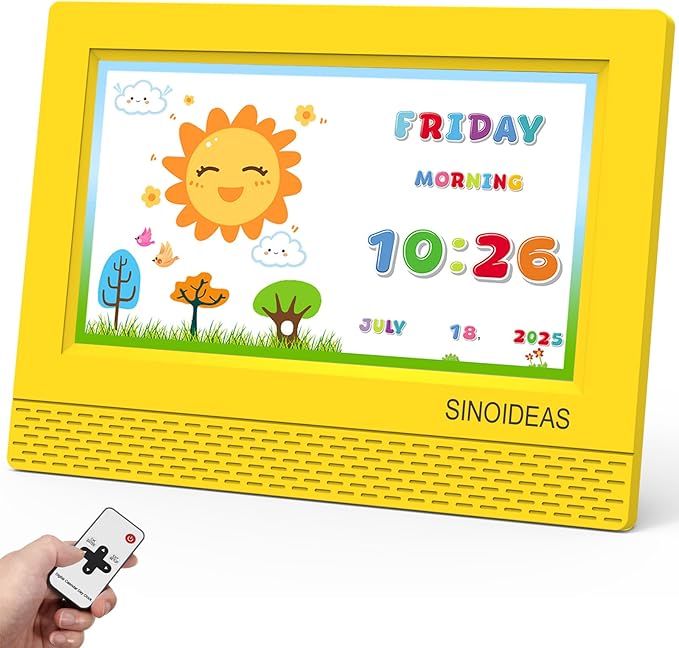 SINOIDEAS 7-Inch Kids' Digital Alarm Clock,Children's Sleep Trainer with Remote Control & Custom Reminder Function (Yellow)
