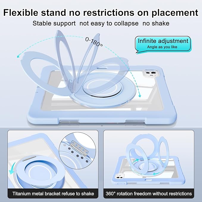 Dteck for iPad Pro 11 inch (M4/M5) 2024/2025 Release Shockproof Clear Case with Stylus Pencil Holder/Rotating Kickstand/Swivel Handle, Lightweight Protective Slim Transparent Tablet Cover Shell, Blue