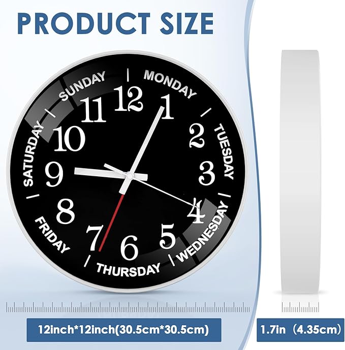 QINFIEY 12 Inch Day of Week Wall Clock, Non Ticking Modern Clocks Battery Operated，Analog Day Clock for Seniors Eldly，Classic for Office Home Classroom Bedroom School,Unique Gift Clock