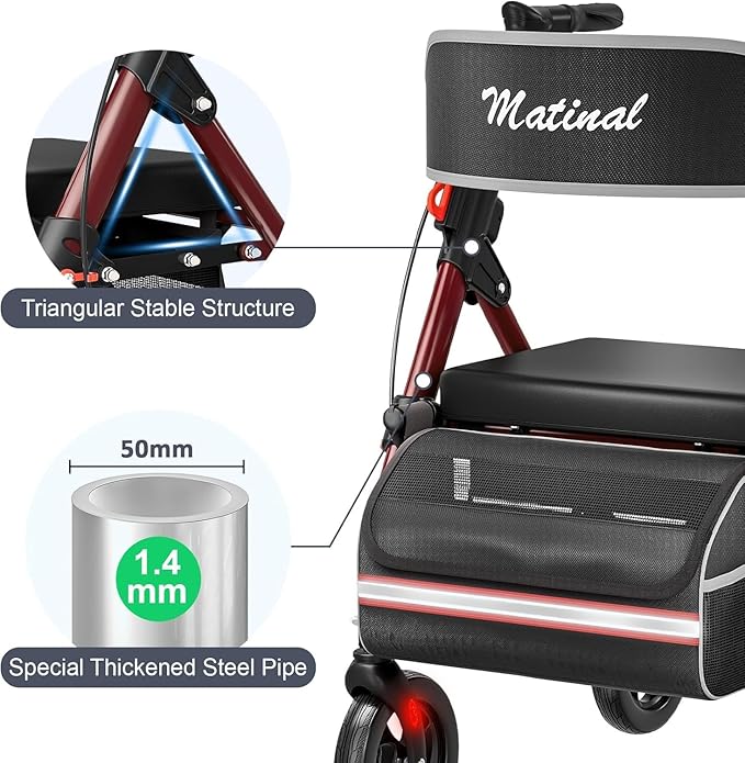 Foldable Rollator Walkers with Seat for Seniors, Lightweight Rollator Walker with 8" Big Wheels, Height Adjustable Ergonomic Rolling Walker Seat, Aluminum and Carbon Steel (Burgundy)