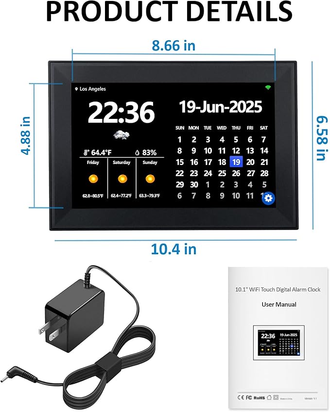 WiFi 10.1 Inch Digital Alarm Clock for Seniors, Large Display with Day/Date Smart Touchscreen Electronic Calendar 64 Alarms 64 Reminders Dementia Alarm Clock for Elderly（Black）