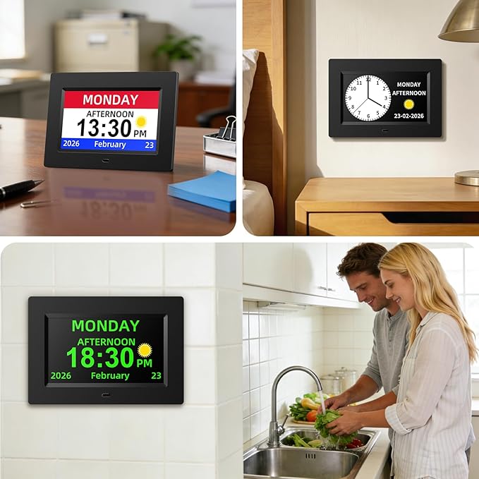 7 Inch Digital Calendar Clock for Seniors, Extra Large Display with Non-Abbreviated Day & Month, Auto-Dimming & Medication Reminders for Vision Impaired (Black)