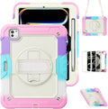 Dteck for iPad Pro 11 inch (M4/M5) 2024/2025 Shockproof Case with Screen Protector/Stylus Pencil Holder/Rotating Kickstand/Grip Hand Strap, Heavy Duty Protective Rugged Tablet Cover, Colorful Pink