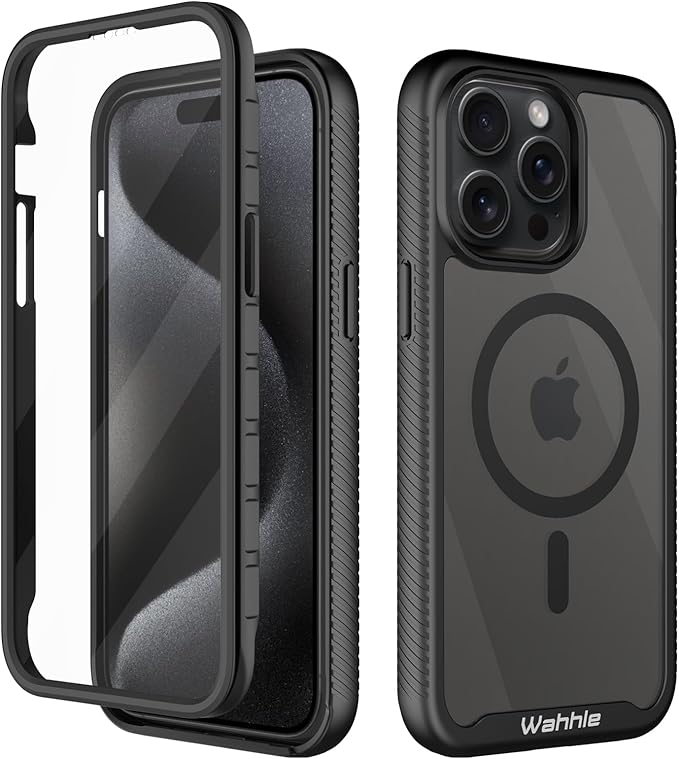 wahhle Compatible with iPhone 15 Pro Case, Magnetic Wireless Charging Built in Screen Protector Full Body Shockproof Slim Fit Bumper Protective Phone Cover 6.1'' Men Women-Black/Clear