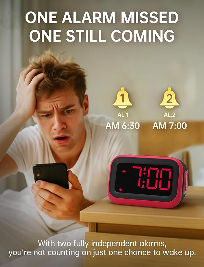 Acedeck Loud Alarm Clock for Heavy Sleepers: 115dB Dual Alarms with 6 Unique Sounds for Bedroom Dorm Room Use - On-Time Wake Up for Teen College Students - Red