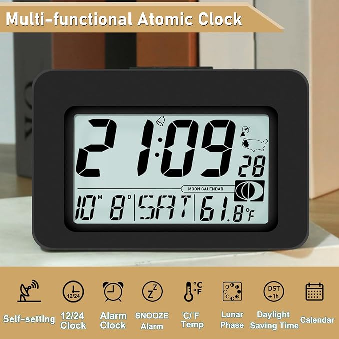 Handy Atomic Alarm Clock - 6'' Battery Operated Digital Clock with Seconds, Self-Setting, Auto Sync, DST, Selectable Time Zones,Portable Travel Desk Clock with 5s Touch Backlight for Bedroom