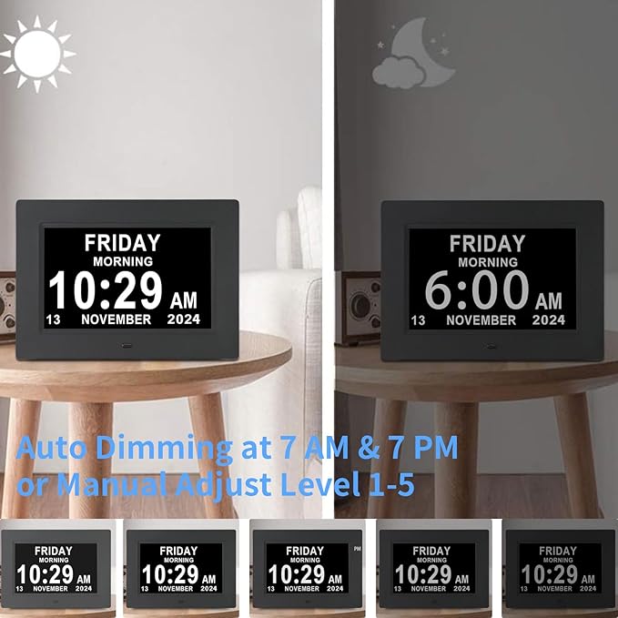 Aowasi Digital Calendar Clock, 12 Custom Alarm Options, Calendar Clock with Day and Date Display 7-Inch Large Display, Digital Clock for Seniors Dementia Alzheimer Memory Loss Vision Impaired Elderly