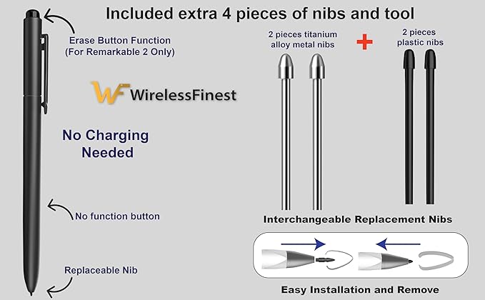 EMR Stylus With Eraser Pencil For Remarkable 2 Pen Wacom One Drawing Tablets Onynx Boox Scribe Supernote EMR Devices + Extra Titanium Alloy Metal Tips Nib + Palm Rejection & Tilt Support+4096 Pressure