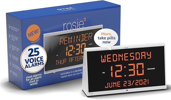 Simpl Rosie Reminder Large Display Talking Alarm Clock – 25 Personalized Voice Reminders, Dementia & Alzheimer’s Friendly, Voice Activated Clock for Seniors, Easy to Use, Audible up to 100ft (Rosie 2)