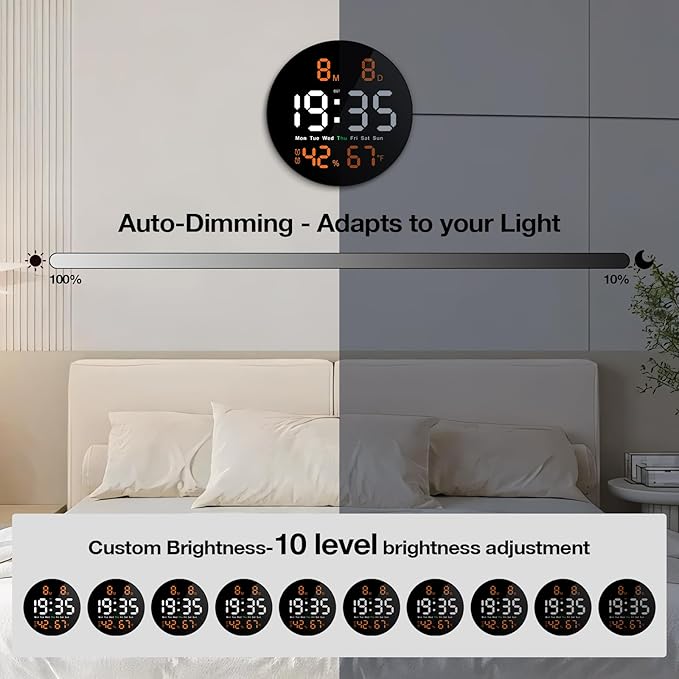 Large Digital Clock for Classroom, Digital Classroom Clocks for Teachers, 10" Round LED Clock with Large Display，Date, Countdown Timer, Remote Control, Temperature, Electric (Orange)