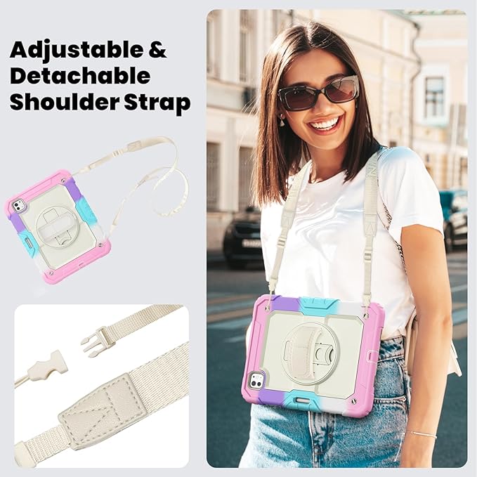 Dteck for iPad Pro 11 inch (M4/M5) 2024/2025 Shockproof Case with Screen Protector/Stylus Pencil Holder/Rotating Kickstand/Grip Hand Strap, Heavy Duty Protective Rugged Tablet Cover, Colorful Pink
