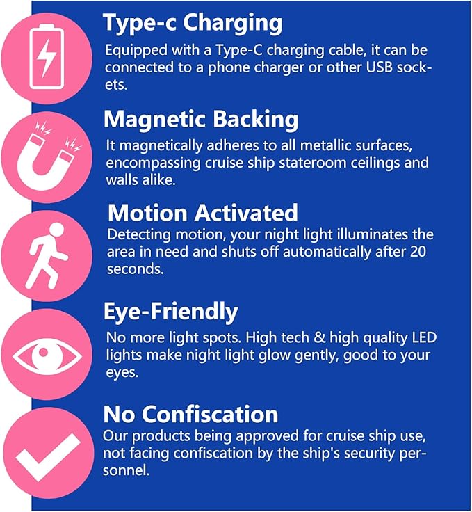 2 Pcs Magetic Night Light Motion Sensor Cruise Ship Approved with USB Cable LED Rechargeable Battery for Indoor Use in Bathroom Hallway Cabin Toilet Bed Stair for Travel Cruise Essentials 2026