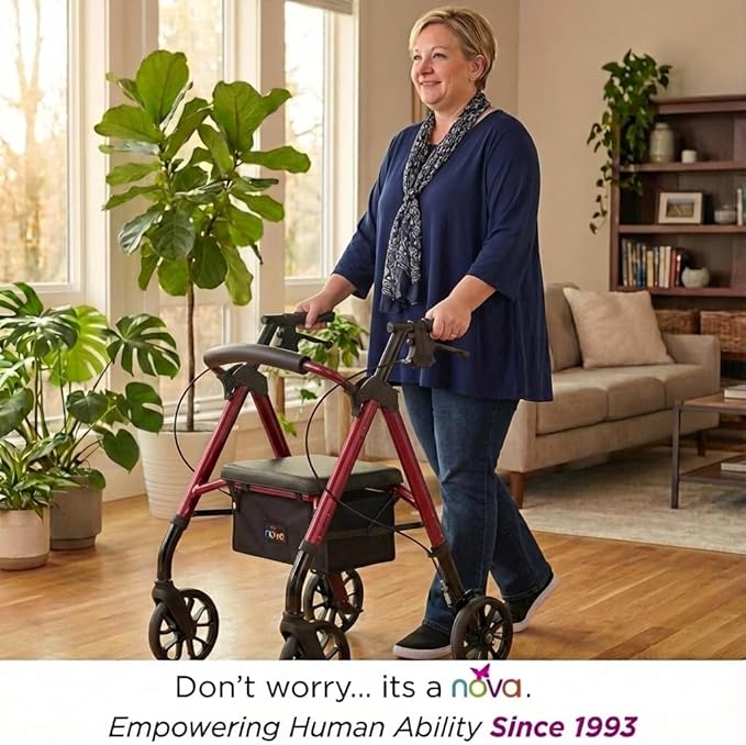 NOVA Star 8 Petite Heavy Duty Bariatric Rollator Walker, Large Padded Seat, 450lb Capacity, 8” Rugged All-Terrain Wheels, Easy-Grip Locking Hand Brakes, Fold Lock, Height Adjustable, Red