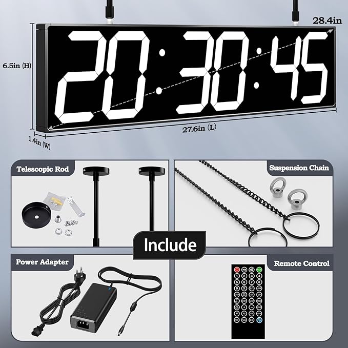 CHKOSDA 28.4‘’ Digital Clock with Large Display,Hanging Clock with Clearly Visible Large Digital Double-Sided Display,Multi-Function Led Clock with Temperature and Calendar Display (White)