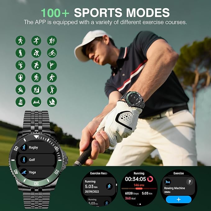 2025 DA GPT Smart Watch with Bluetooth Call,1.19-inch AMOLED Display, 24/7 Heart Rate, Blood Oxygen, Blood Pressure, Sleep Monitor, 107 Sports Fitness Tracker, Compatible Android and iOS Black Green