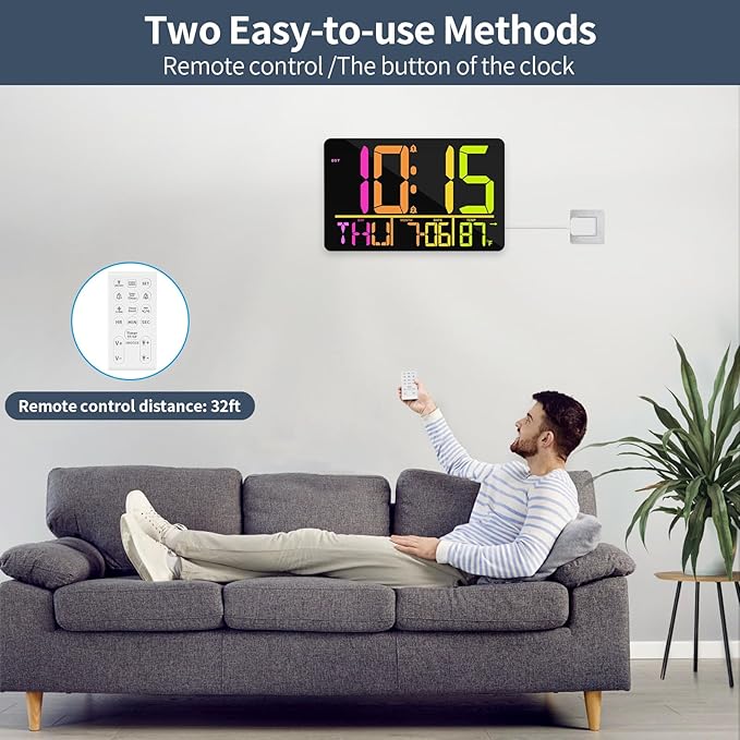 PERSUPER 13" Large Digital Wall Clock with Remote, RGB Color Changing, 25 Ringtones, 0-100% Auto/Custom Brightness, Temperature, Calendar, 12/24H, DST, Timer, for Living Room/Bedroom/Office/Elderly
