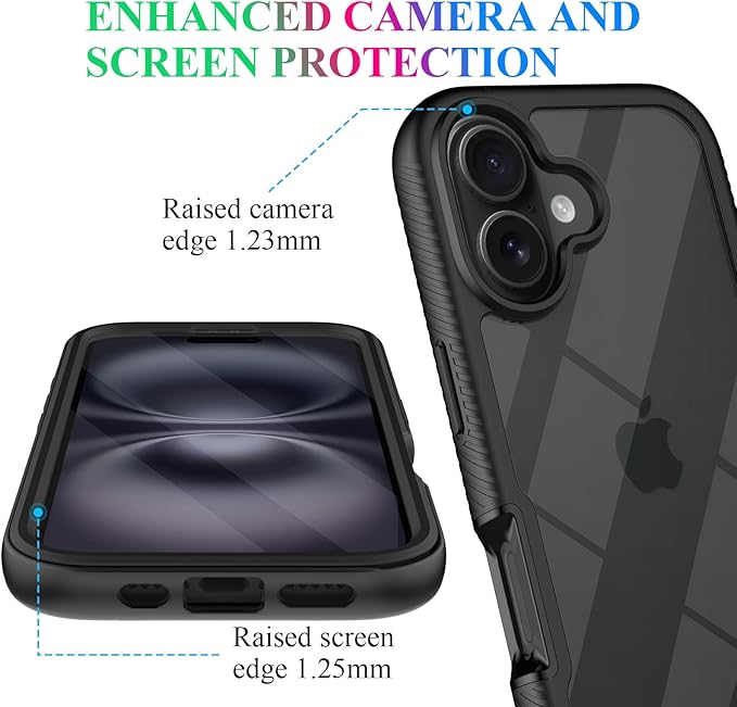 wahhle Compatible with iPhone 16 Plus Case, Built in Screen Protector Full Body Shockproof Slim Fit Bumper Protective Phone Cover 6.7'' Men Women-Black/Clear